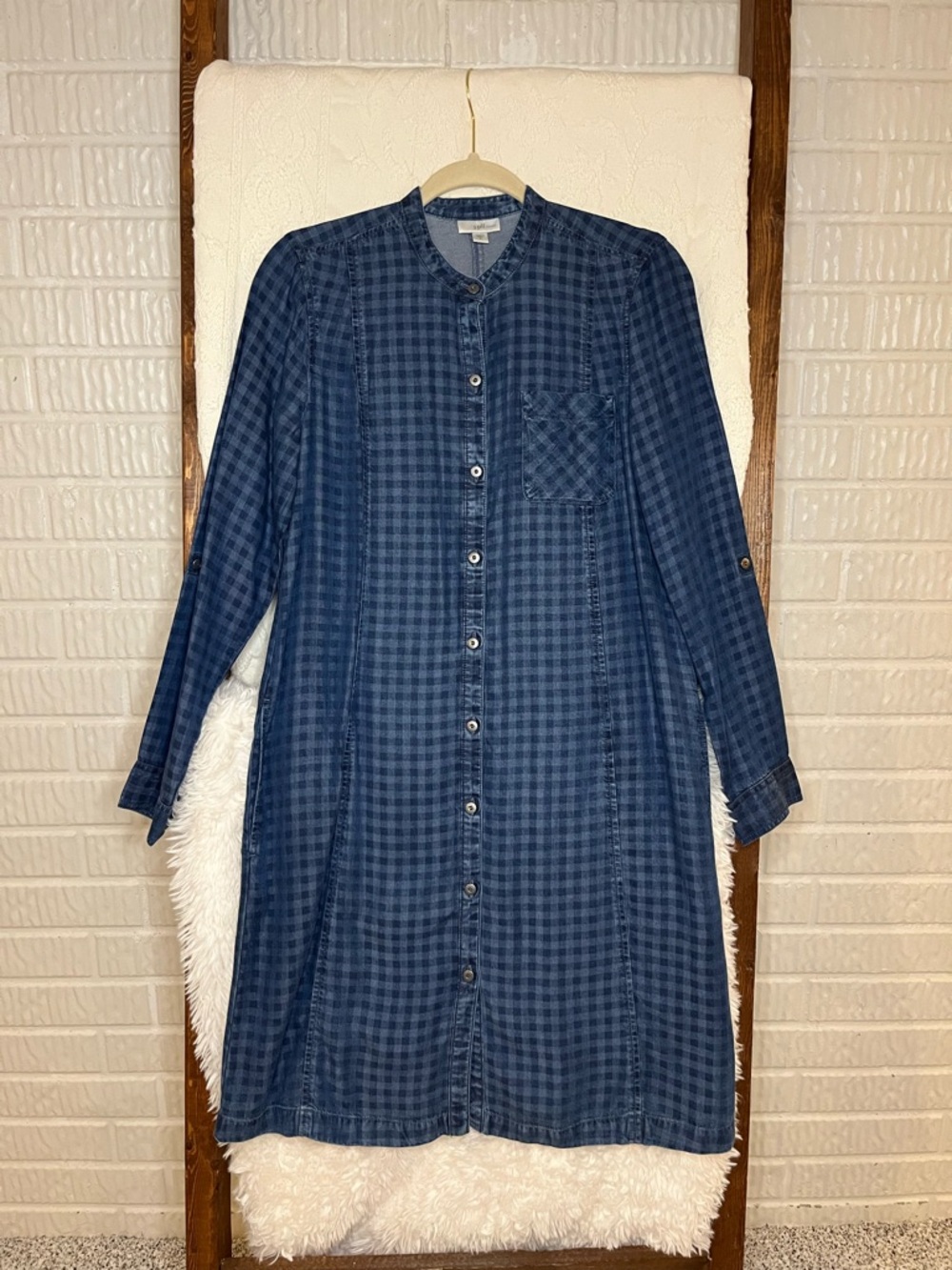 J Jill Denim Gingham Plaid Chambray Button Front Shirt Dress Size Small